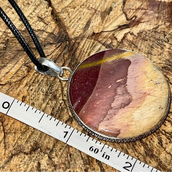 Detailed Round Burgundy & Yellow Mookaite Pendant 2” - Picture 14 of 15